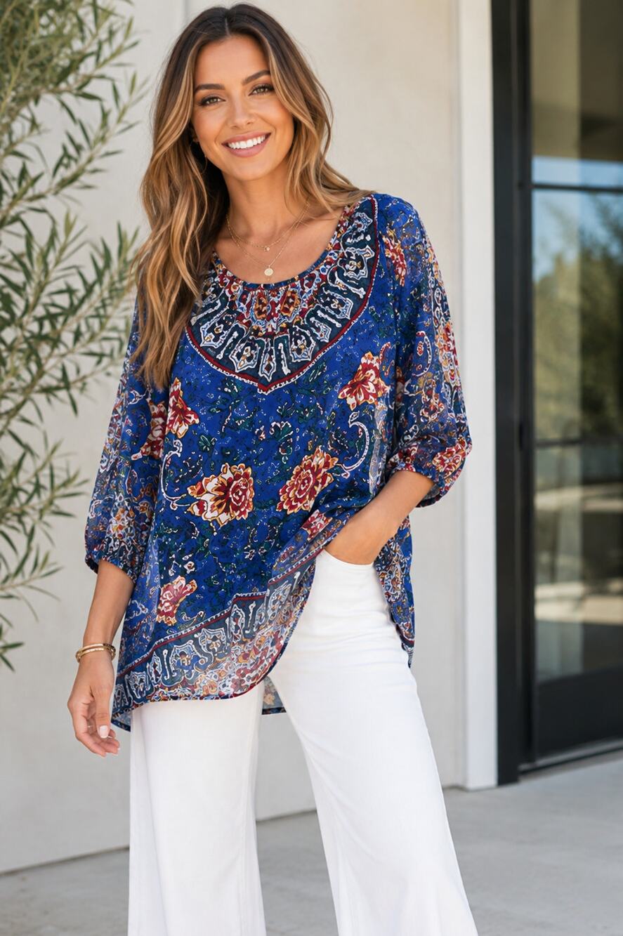 Lola P Paisley Boho Tunic Blouse Medium Blue Lined Peasant Festival Top